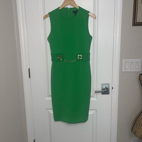 Halston Women's Kelly Parakeet Green Gold Hardware Toggle Belt Dress Crew - Picture 2 of 9